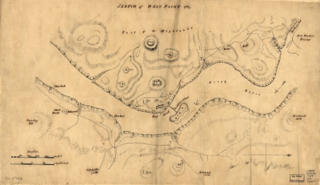 An eighteenth-century sketch map of West Point on the Hudson River, showing forts and hills.