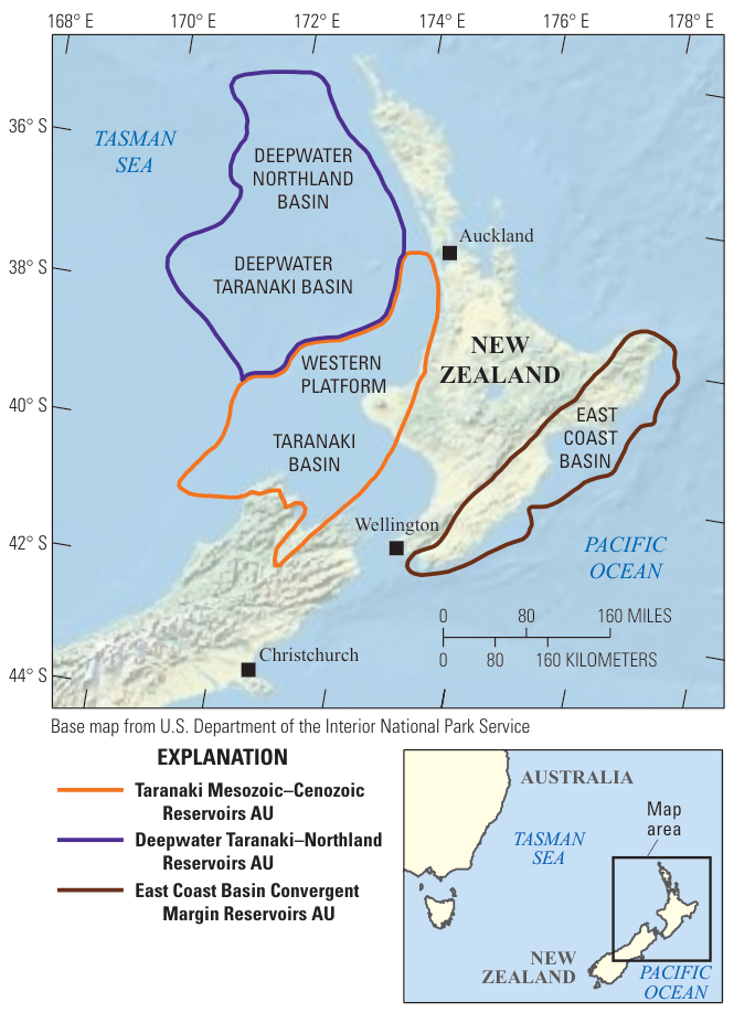 Map of New Zealand's North Island and surrounding seas, outlining three assessment units