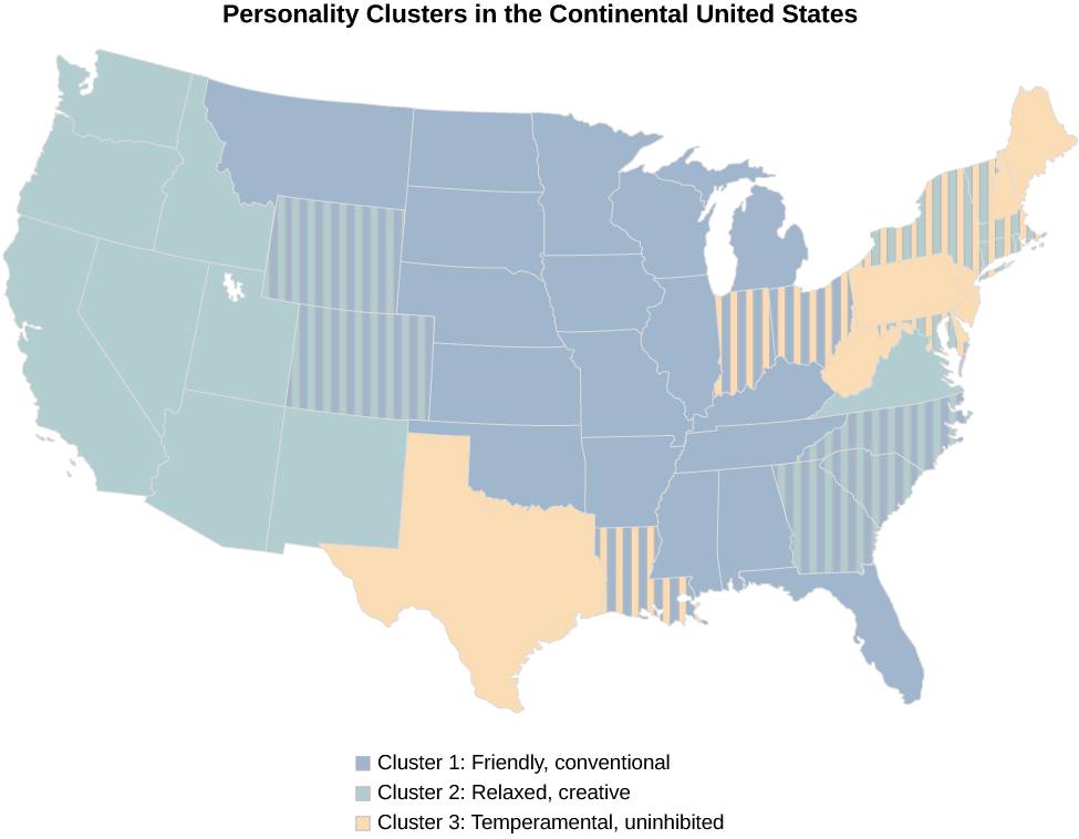 A map of the United States is shown. Above it is the label “Personality Clusters in the Continental United States.” Below it is a legend which defines areas in the map as either, “Cluster 1: friendly, conventional;” “Cluster 2: relaxed, creative;” or “Cluster 3: temperamental, uninhibited.” Cluster 1occurs mainly in the center of the country. Cluster 2 occurs mainly on the west side of the country. Cluster 3 occurs mainly in the North-East region of the country and also in Texas. These are generalizations; there are several states which are comprised of a combination of two different clusters.