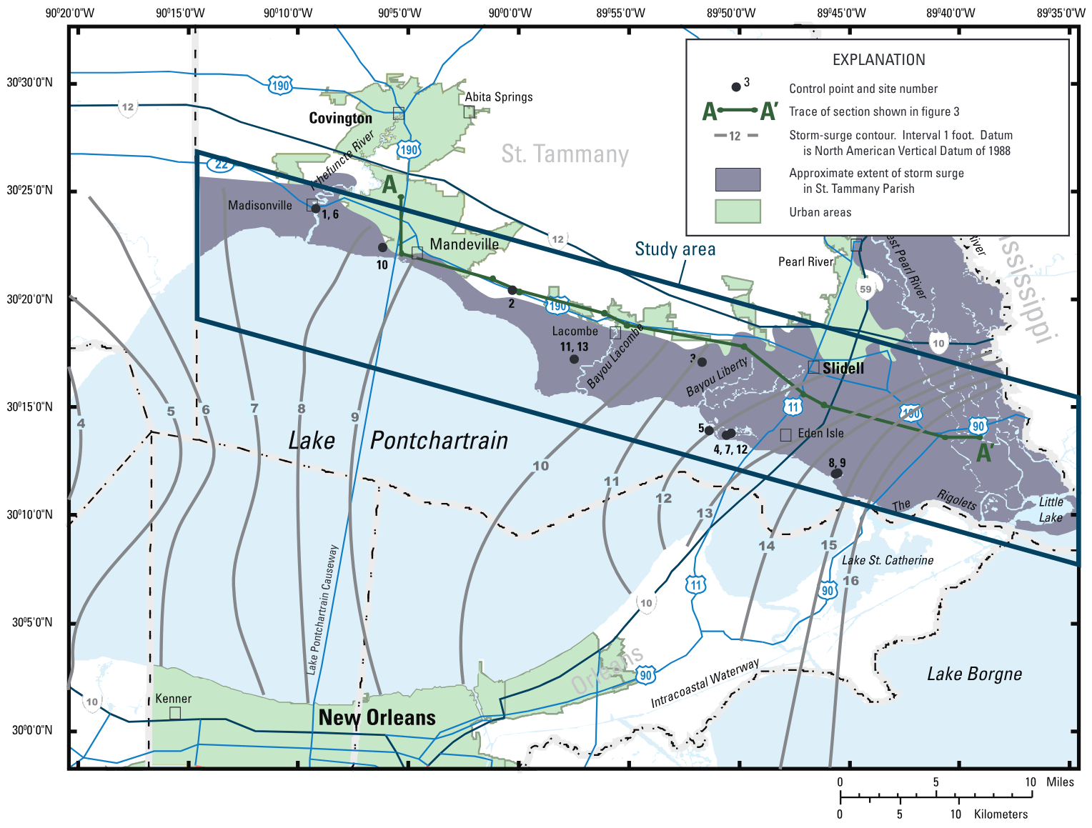 Location of sampled wells and Hurricane Katrina storm-surge elevations in southeastern Louisiana.