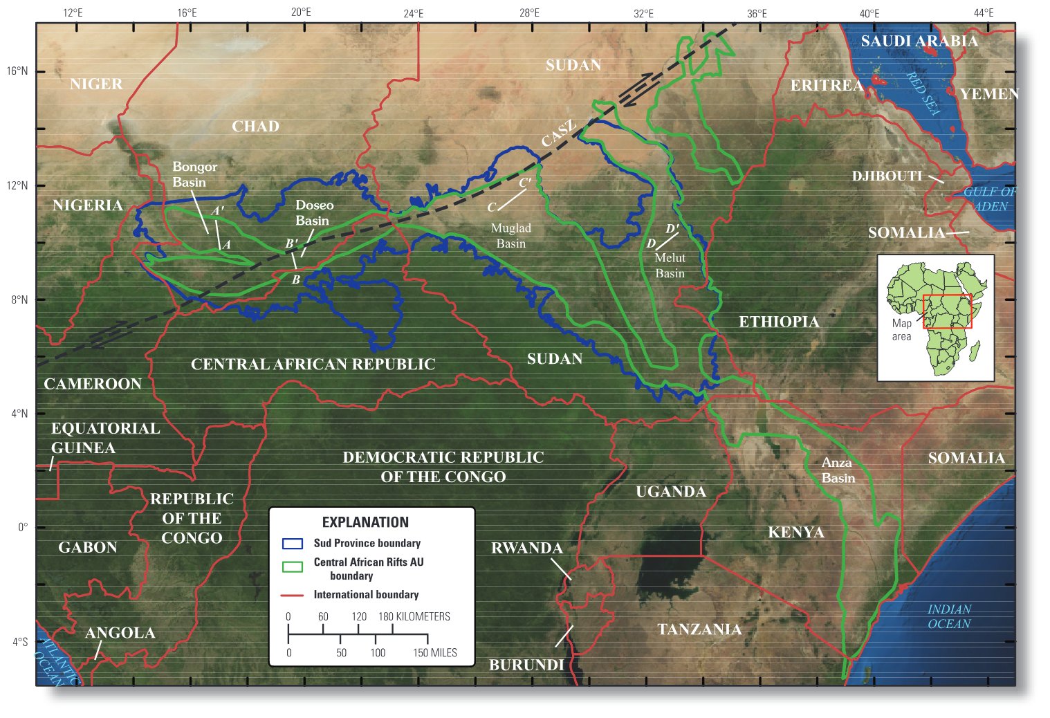 Locations of the Sud Province, Central African Rifts Assessment Unit (AU), and approximate locations of cross sections shown in figures 2 and 4. CASZ, Central African shear zone.