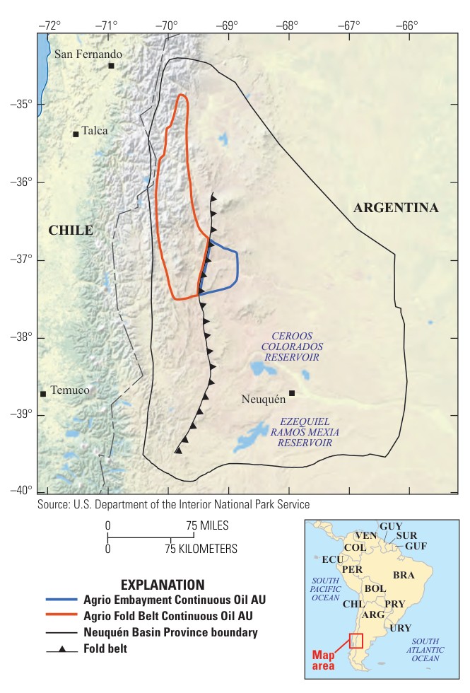Map of the Neuquén Basin Province showing the two Agrio assessment units in the embayment and fold belt
