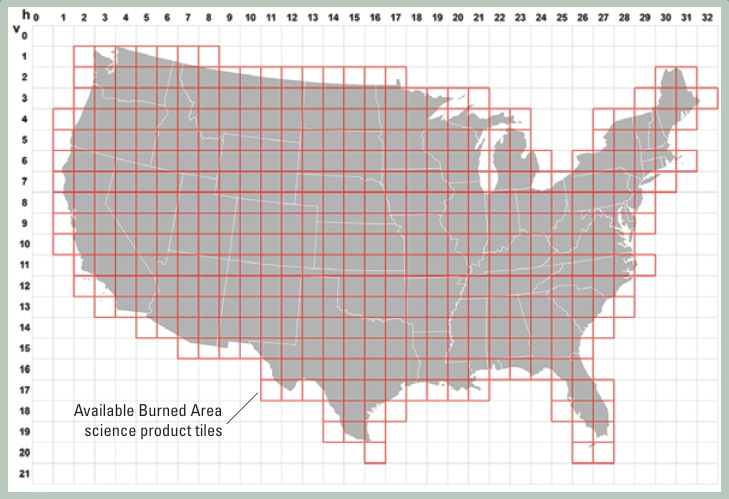 Map of the conterminous United States covered by a grid of tiles numbered horizontally and vertically