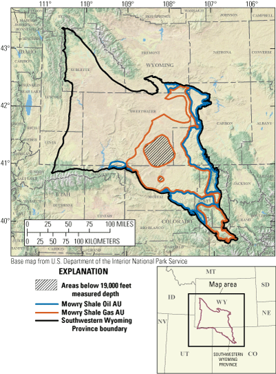 Map of two continuous shale assessment units on the eastern side of the Rock Springs Uplift