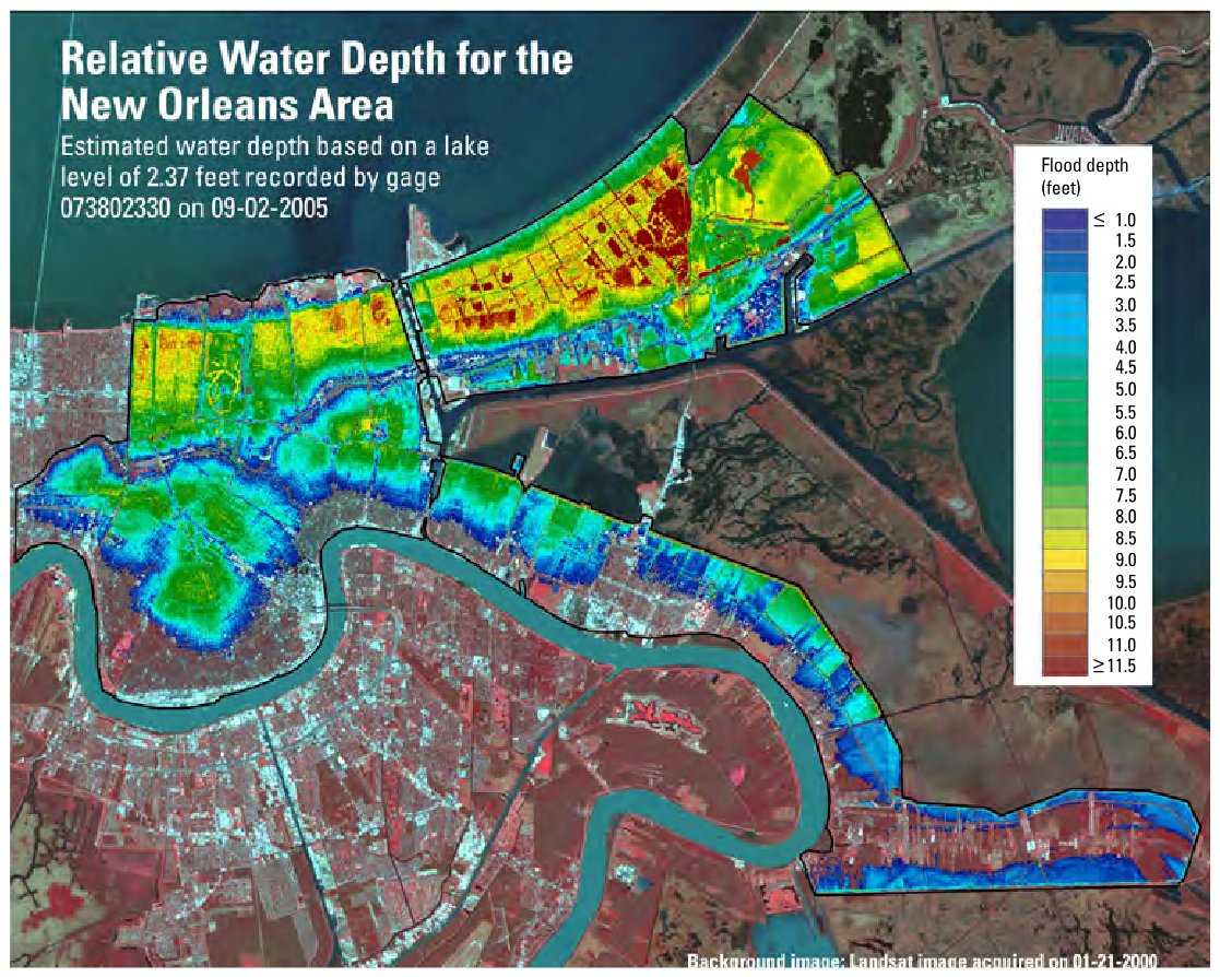 Map of relative water depth in New Orleans, La., on September 2, 2005. The estimated flood depth is based on lidar-derived elevation data and water level data from a Lake Pontchart