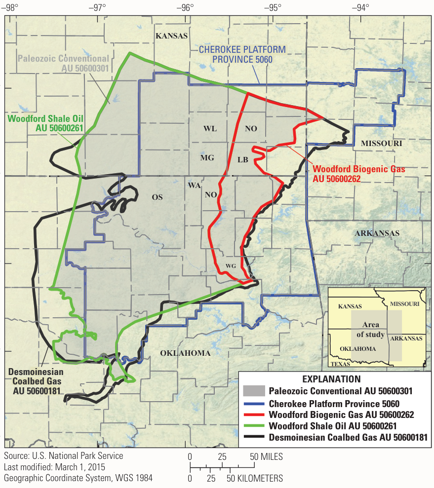 Map of southeastern Kansas, northeastern Oklahoma and southwestern Missouri outlining the Cherokee Platform Province and four assessment units: a large Paleozoic conventional unit, Woodford biogenic gas and shale oil units, and a Desmoinesian coalbed gas unit