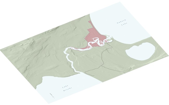 Map with Brooks Camp shaded where a winding river meets a lake