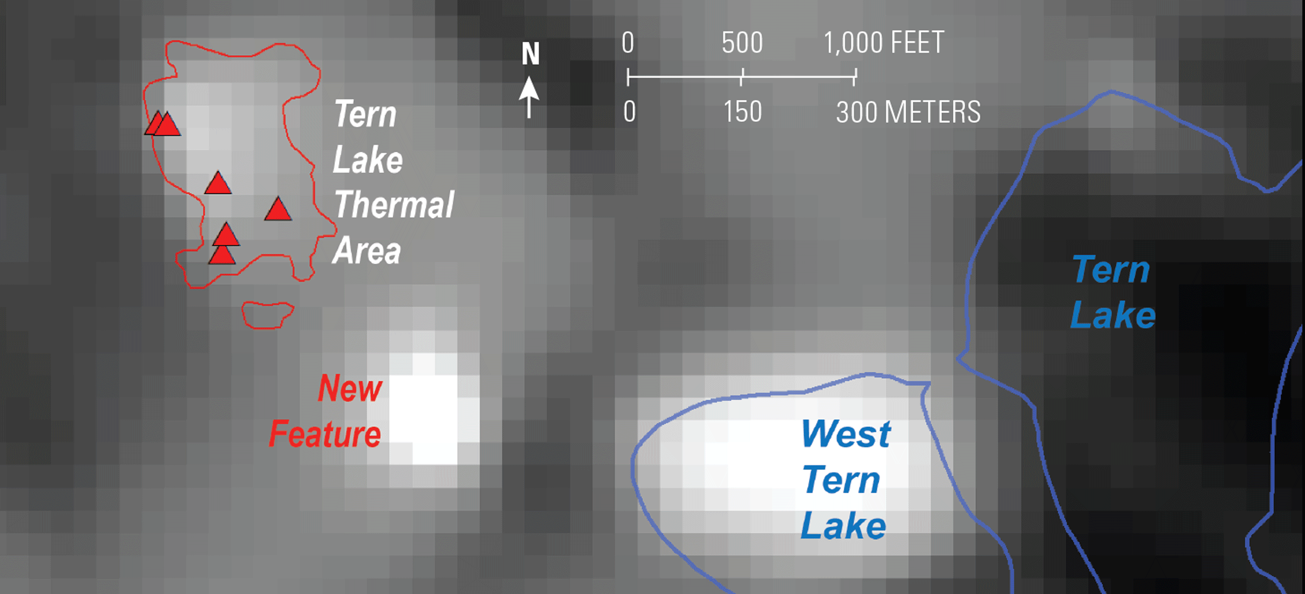 Nighttime thermal satellite image showing a warm patch of white pixels between Tern Lake Thermal Area and West Tern Lake, with mapped thermal features marked by red triangles.