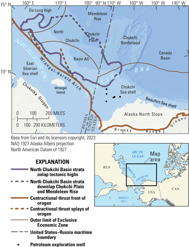 Map of the North Chukchi Basin assessment unit, with the U.S.–Russia maritime boundary, the outer limits of both countries' Exclusive Economic Zones, and exploration wells