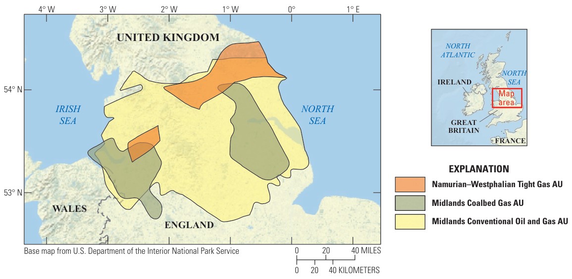 Map of northern England showing the tight gas, coalbed gas and conventional oil and gas assessment units.