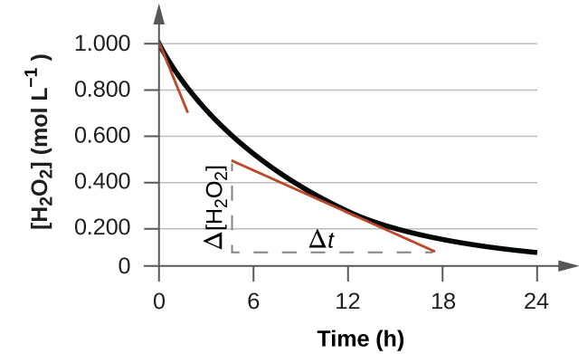 A graph is shown with the label, “Time ( h ),” appearing on the x-axis and “ H subscript 2 O subscript 2 ( mol L superscript negative 1)” on the y-axis. The x-axis markings begin at 0 and end at 24. The markings are labeled at intervals of 6. The y-axis begins at 0 and includes markings every 0.200, up to 1.000. A decreasing, concave up, non-linear curve is shown, which begins at 1.000 on the y-axis and nearly reaches a value of 0 at the far right of the graph around 10 on the x-axis. A red tangent line segment is drawn on the graph at the point where the graph intersects the y-axis. A second red tangent line segment is drawn near the middle of the curve. A vertical dashed line segment extends from the left endpoint of the line segment downward to intersect with a similar horizontal line segment drawn from the right endpoint of the line segment, forming a right triangle beneath the curve. The vertical leg of the triangle is labeled “capital delta H subscript 2 O subscript 2 ” and the horizontal leg is labeled, “capital delta t.”