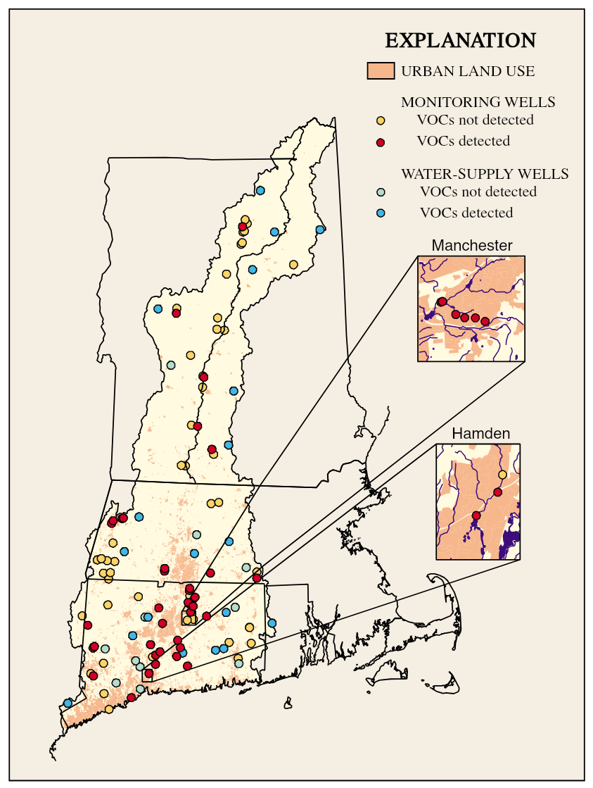 Volatile organic compounds were detected in ground water most frequently in the urban areas of the southern part of the Study Unit.