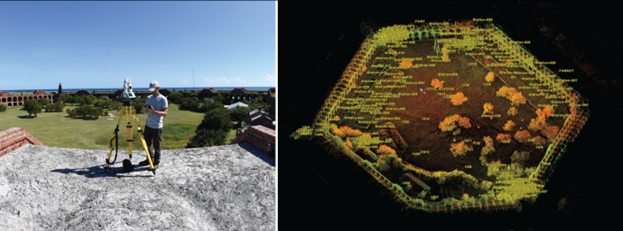 (Left) Color field photograph showing a man standing on a roof operating a piece of surveying equipment. (Right) Color image of a point cloud showing an aerial