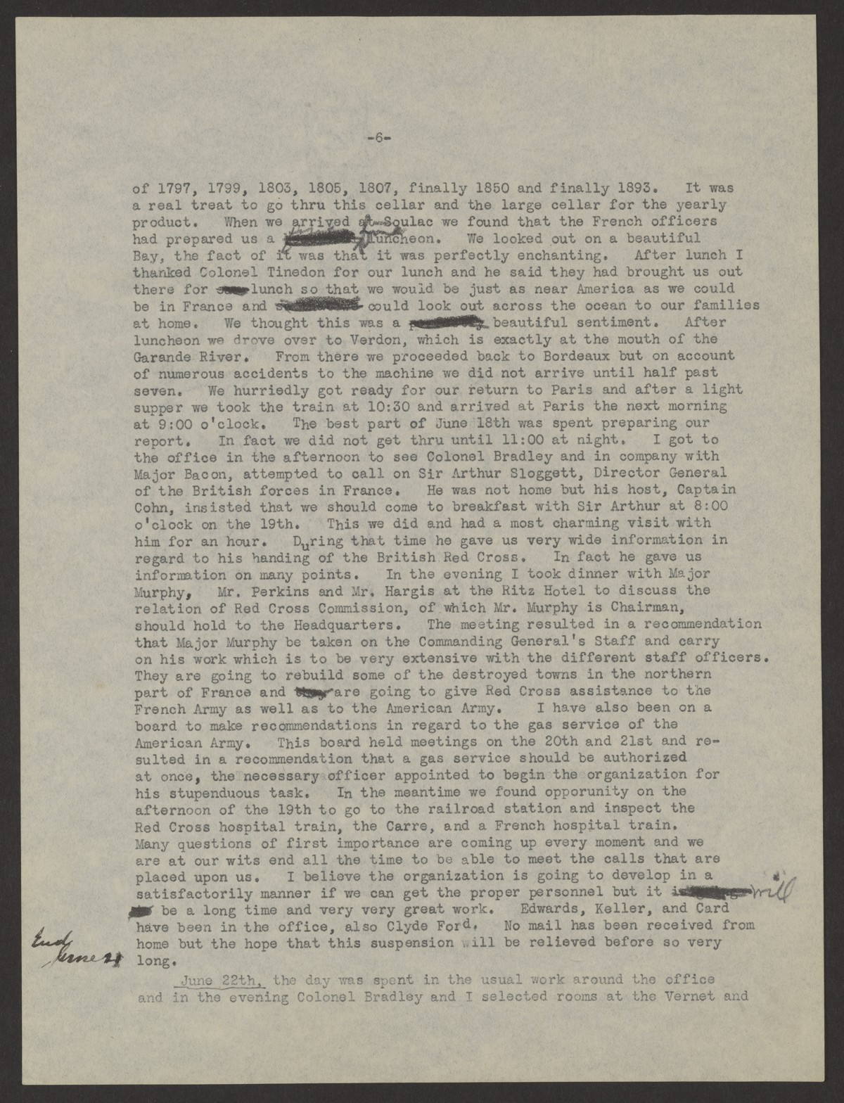 A typed war diary entry.