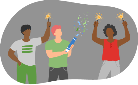 Adults celebrate with sparklers and fireworks
