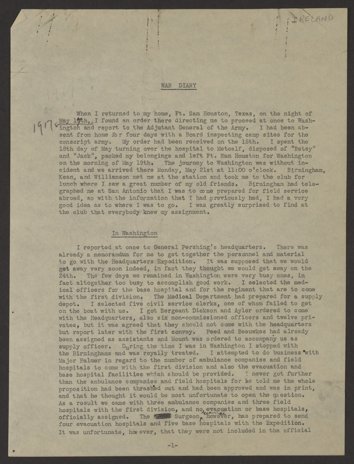 A typed war diary entry.