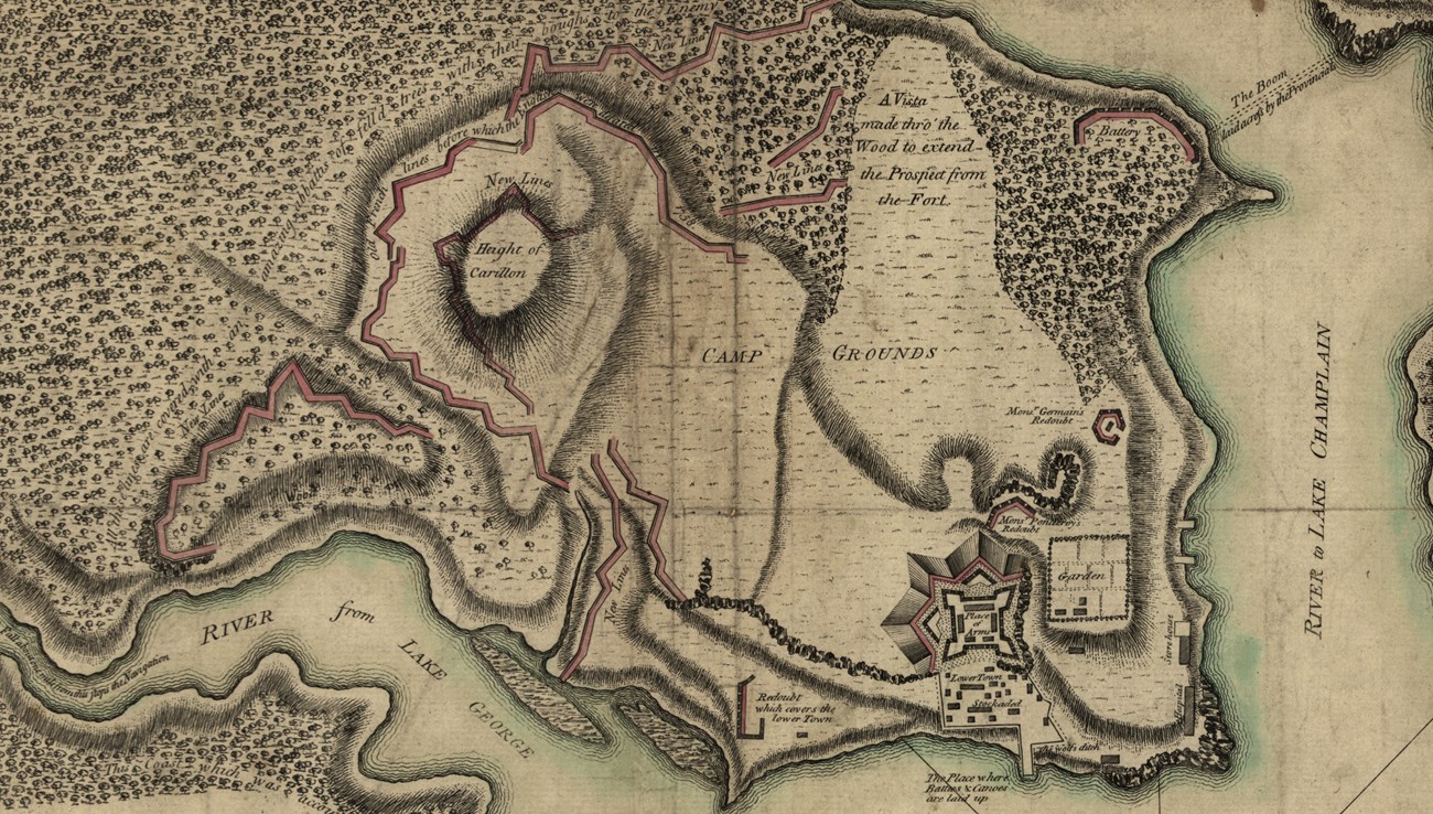 A reproduction of a 1777 map of Fort Ticonderoga and its defenses, with the lake, fortifications and surrounding ground.