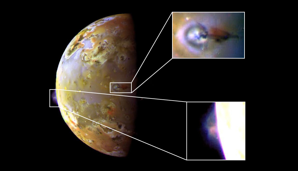 Io with two inset close-ups of volcanic plumes