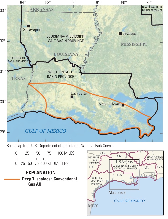 Map of southern Louisiana and neighbouring states outlining the Deep Tuscaloosa Conventional Gas assessment unit, with Lafayette and New Orleans inside it.