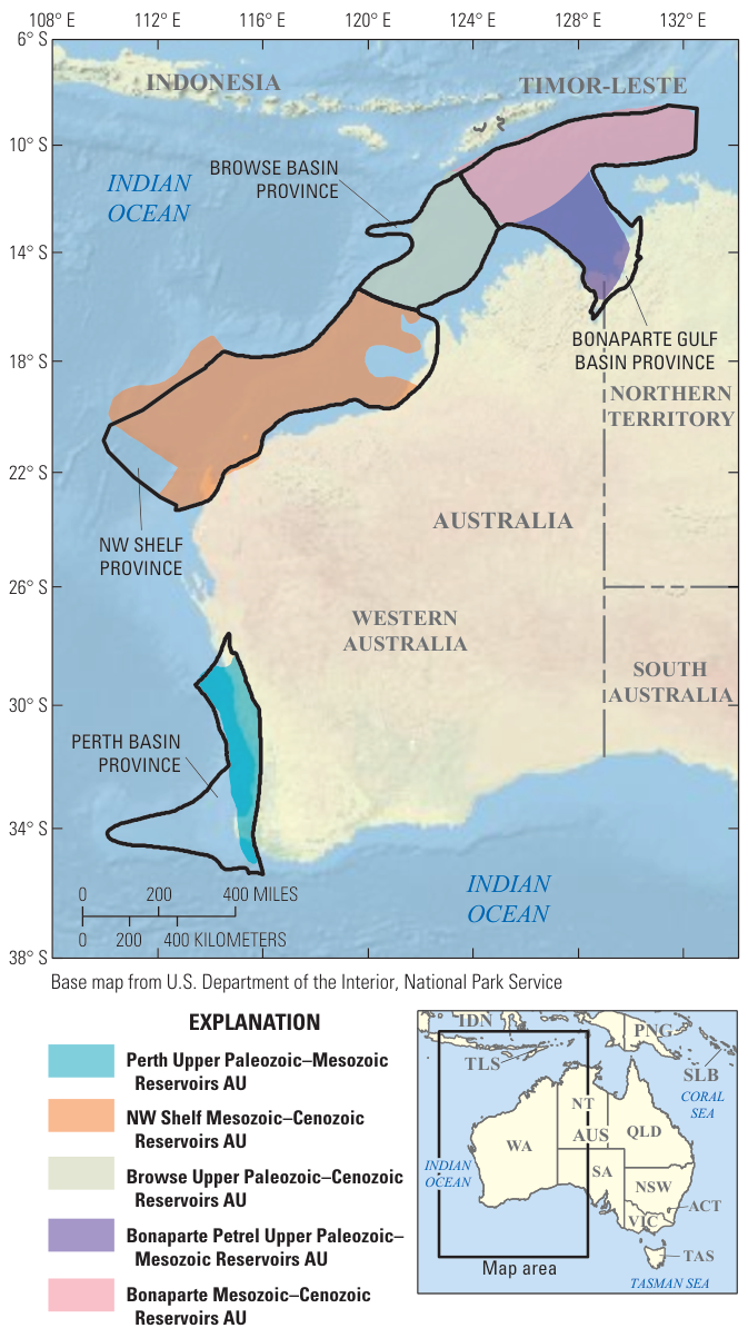 Map of Western Australia's coast showing five colored assessment units from the Perth Basin to the Bonaparte Gulf