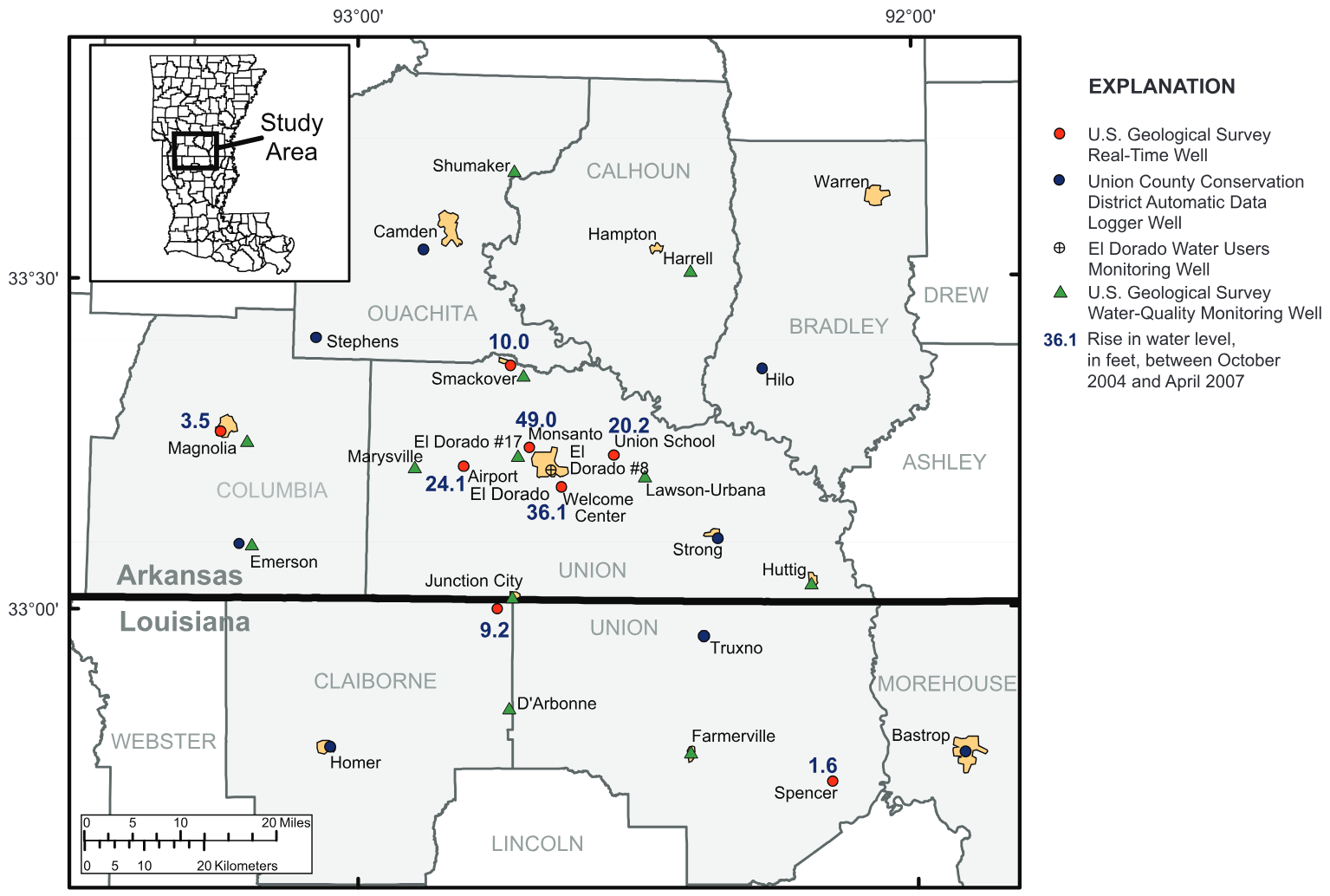 Water-level change for U.S. Geological Survey real-time wells between October 2004 and April 2007.