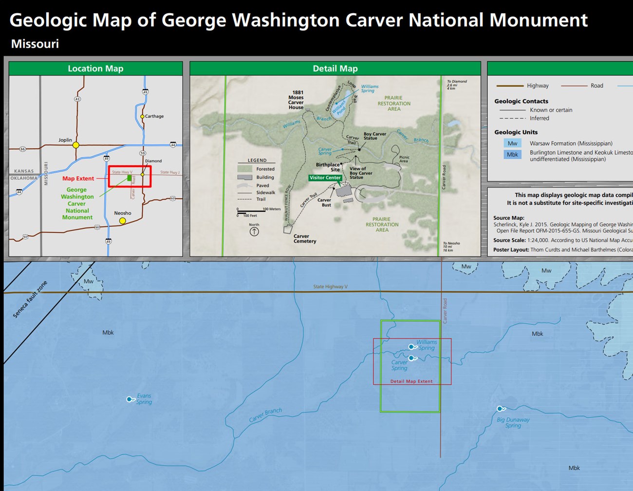 Part of the Geologic Resources Inventory map poster for the monument, with a location map, a detail map and a legend of geologic units