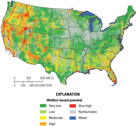 Map of the United States showing wildfire hazard from very low to very high.