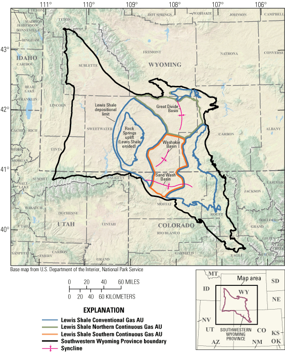 Map of one conventional and two continuous assessment units in the Lewis Shale, Southwestern Wyoming Province.