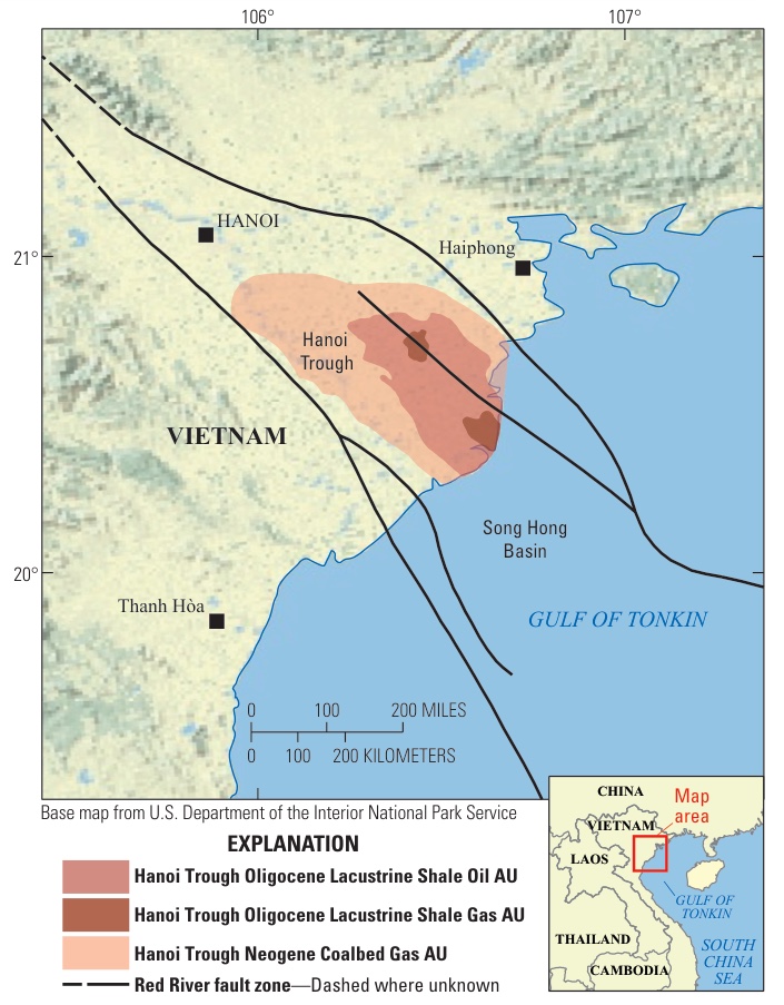 Map of northern Vietnam around Hanoi and Haiphong showing the three assessment units of the Hanoi Trough, the Red River fault zone and the Gulf of Tonkin