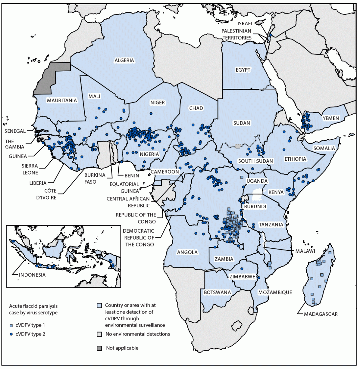 Map of Africa, the Middle East and Indonesia showing countries and areas that reported circulating vaccine-derived poliovirus outbreaks, with dots marking paralysis cases by virus type, January 2023–June 2024.