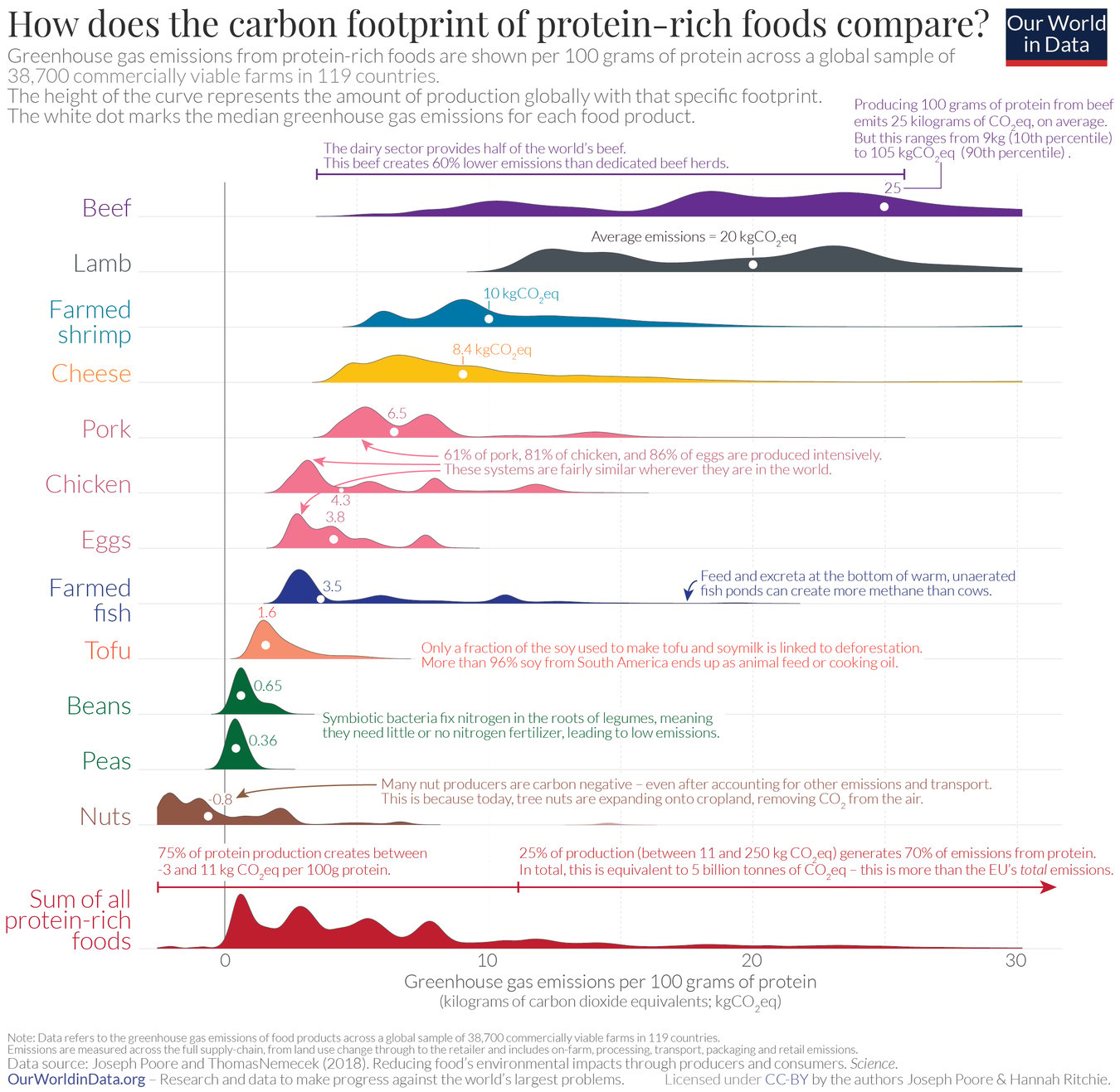 A graph comparing the greenhouse gas emissions of various protein-rich foods, measured in kilograms of carbon dioxide equivalents (kgCO2 eq) per 100 grams of protein. The chart features colorful curves representing different food items, with the height of each curve indicating the level of emissions associated with its production. From highest to lowest emissions, the foods are arranged as follows. The bottom line is that plant-based protein sources still have a lower footprint than the lowest-impact meat products. - Beef has the highest average emissions with 25 kgCO2 eq - Lamb follows, with an average of around 20 kgCO2 eq. - Farmed shrimp has an average of about 10 kgCO2 eq. - Cheese shows emissions around 8.4 kgCO2 eq. - Pork and chicken have averages of 6.5 kgCO2 eq and 4.3 kgCO2 eq respectively - Eggs have emissions at around 3.8 kgCO2 eq. - Farmed fish peak at 3.5 kgCO2 eq. - Tofu peaks lower at about 1.6 kgCO2 eq - Beans and peas have even lower emissions at around 0.65 kgCO2 eq and 0.4 kgCO2 eq respectively. - Nuts have the lowest emissions at approximately 0.8 kgCO2 eq. Sources are credited to Joseph Poore and Thomas Nemecek (2018) for the data and Our World in Data for the visualization