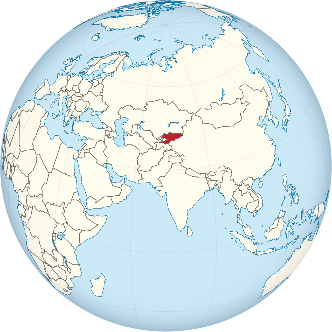 Kyrgyzstan on the globe (Eurasia centered)