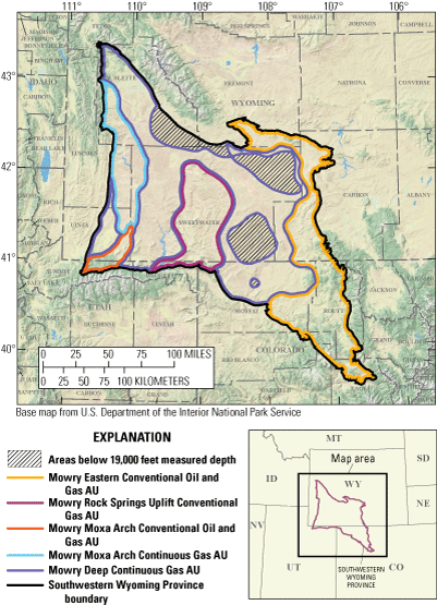 Map of three conventional and two continuous assessment units across southwestern Wyoming and small areas of Colorado and Utah