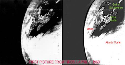 First imagery from TIROS-1, showing cloud cover over the Atlantic and North America in two separate images.