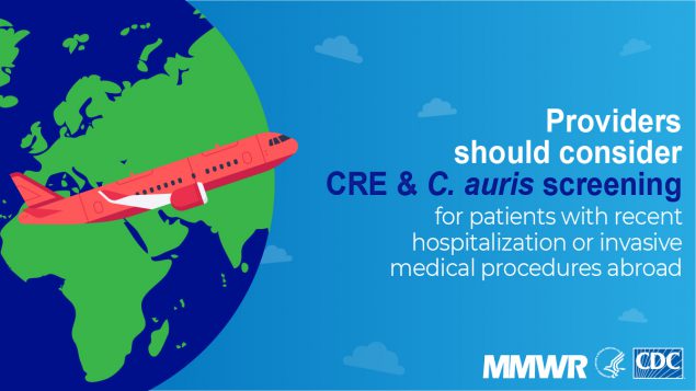 Graphic urging providers to consider screening patients recently hospitalized abroad for CRE and C. auris