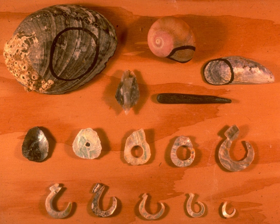Specialized abalone-shell and bone fishhooks