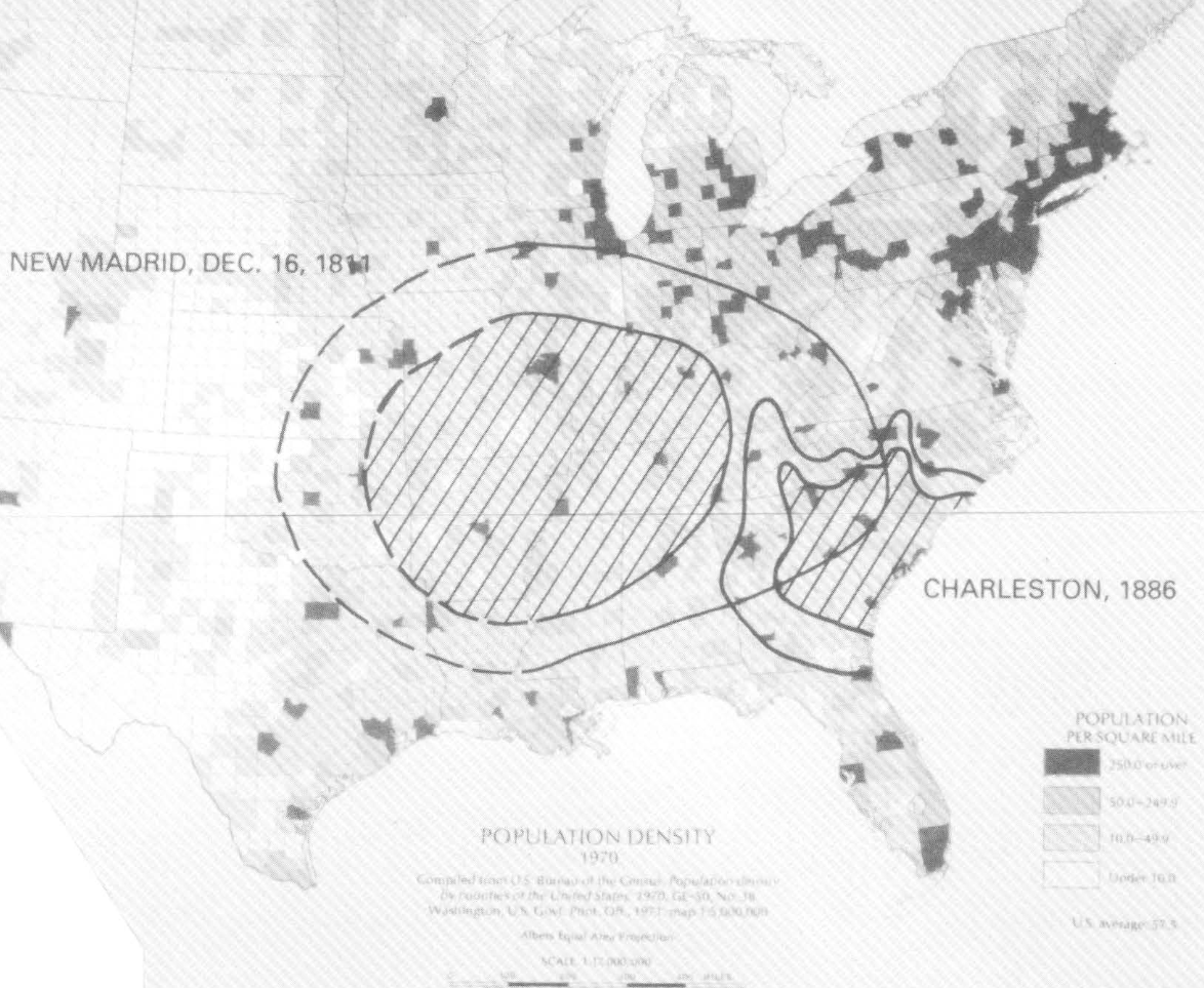 Areas of intensity VI and VII for two great earthquakes of about magnitude 8-New Madrid, Mo., in 1811 and San Francisco, Calif., in 1906-and two major damaging earthquakes-Charlest