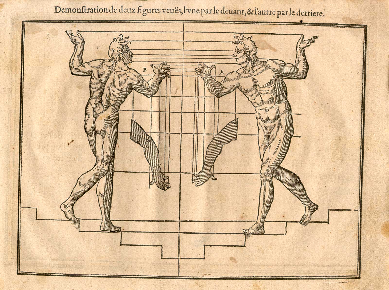 Two male figures coming down stairs, seen from front and back