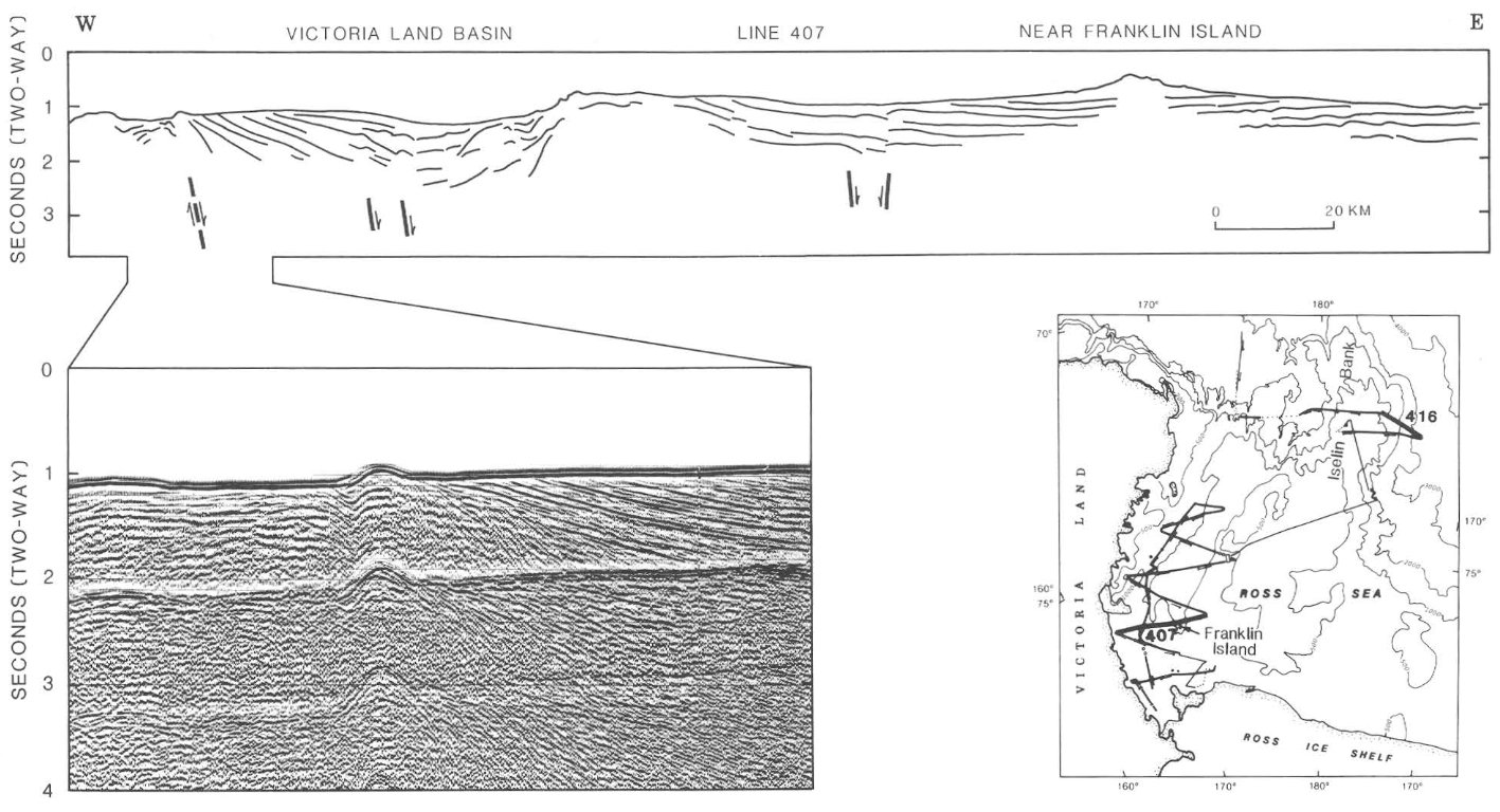 Line drawing and multichannel seismic-reflection data from line 407 across the Victoria Land basin in the western Ross Sea.