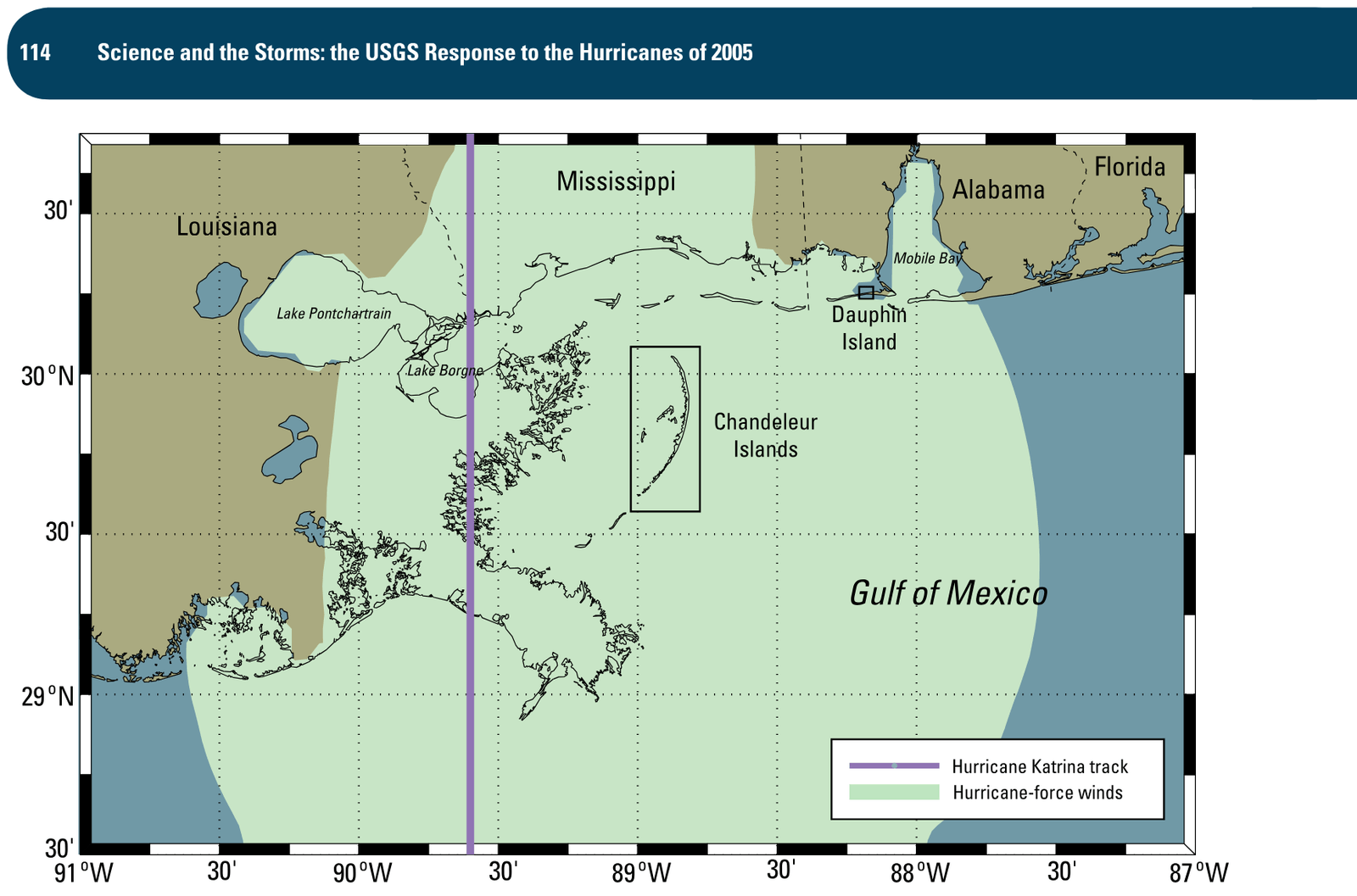 Track of Hurricane Katrina as the storm made landfall in Louisiana in 2005, and spatial extent of hurricane-force winds as calculated by the National Oceanic and Atmospheric Admini