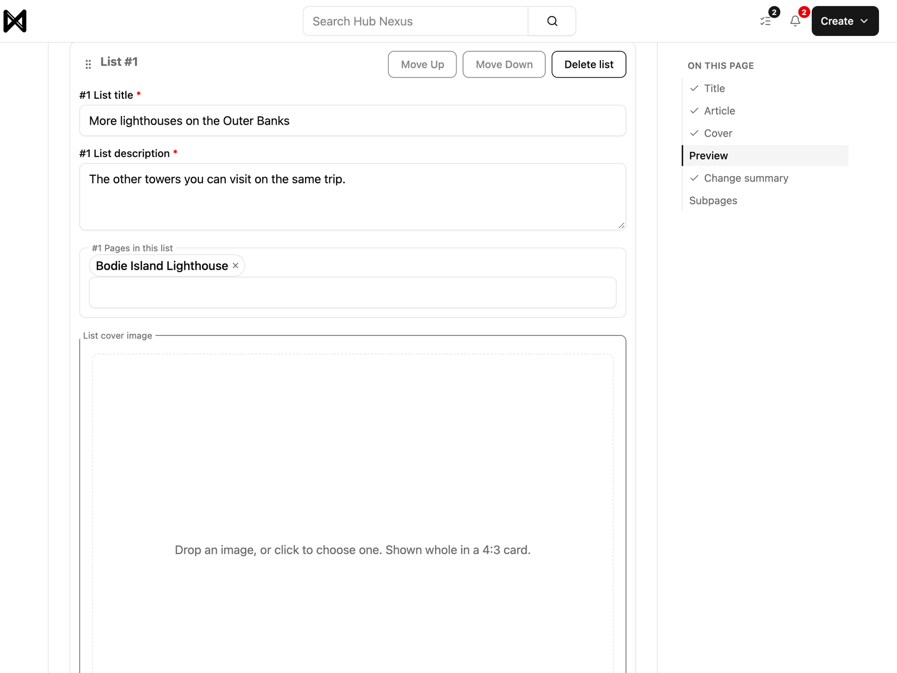 A list of subpages in a change