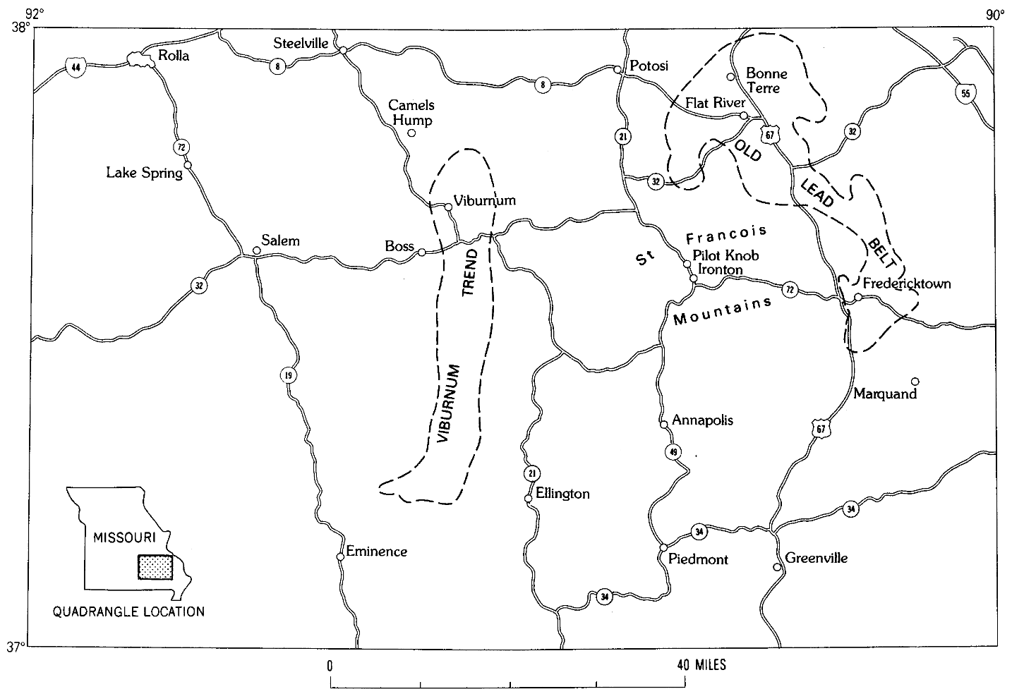 Rolla 1°X2° quadrangle, Missouri, showing principal towns, highways, and base-metal mining districts (enclosed by dashed lines).