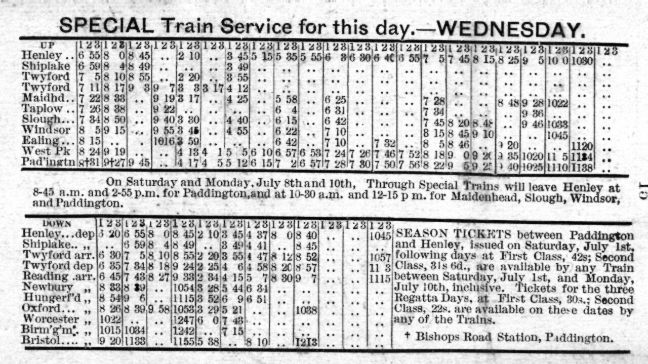 Great Western Railway schedule for the Henley Regatta, July 5, 1893
