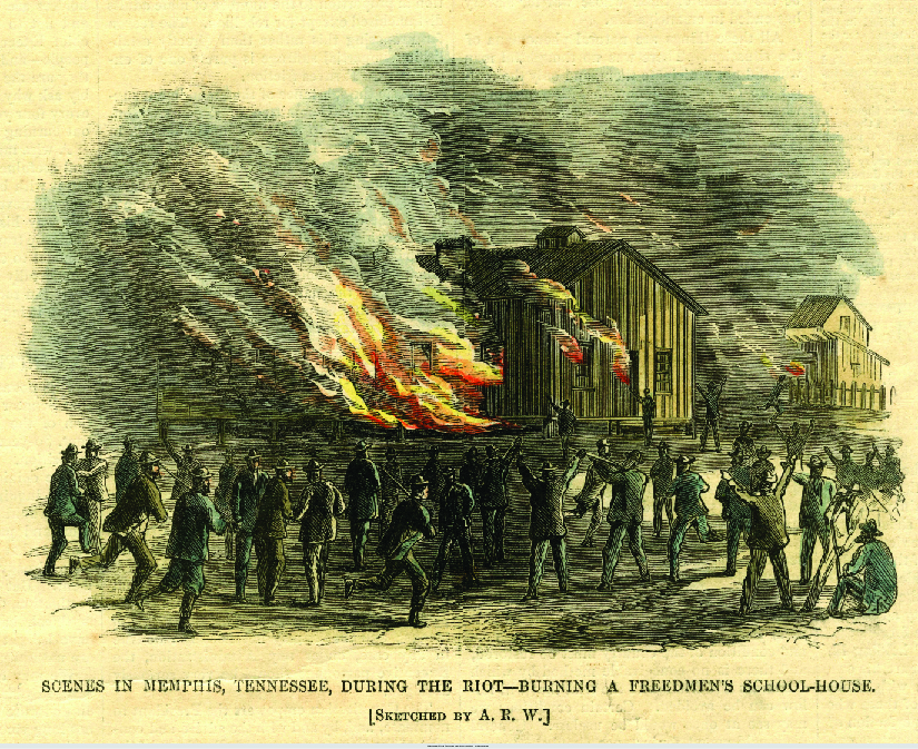 An image of a sketch of a building on fire. Several people are standing outside the building. Some of the people are armed. At the bottom of the image reads “Scenes in Memphis, Tennessee, during the riot—burning a freedmen’s school-house. Sketched by A. R. W.”.