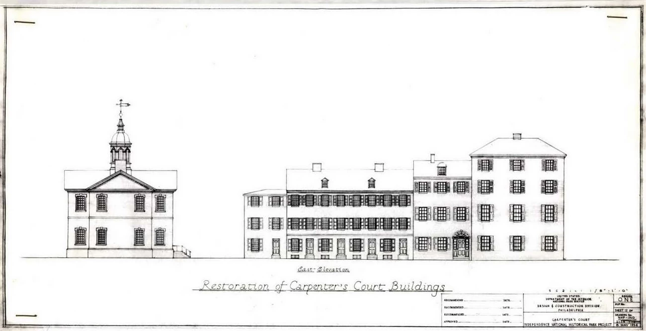 A line drawing of the exterior of Carpenters' Court.
