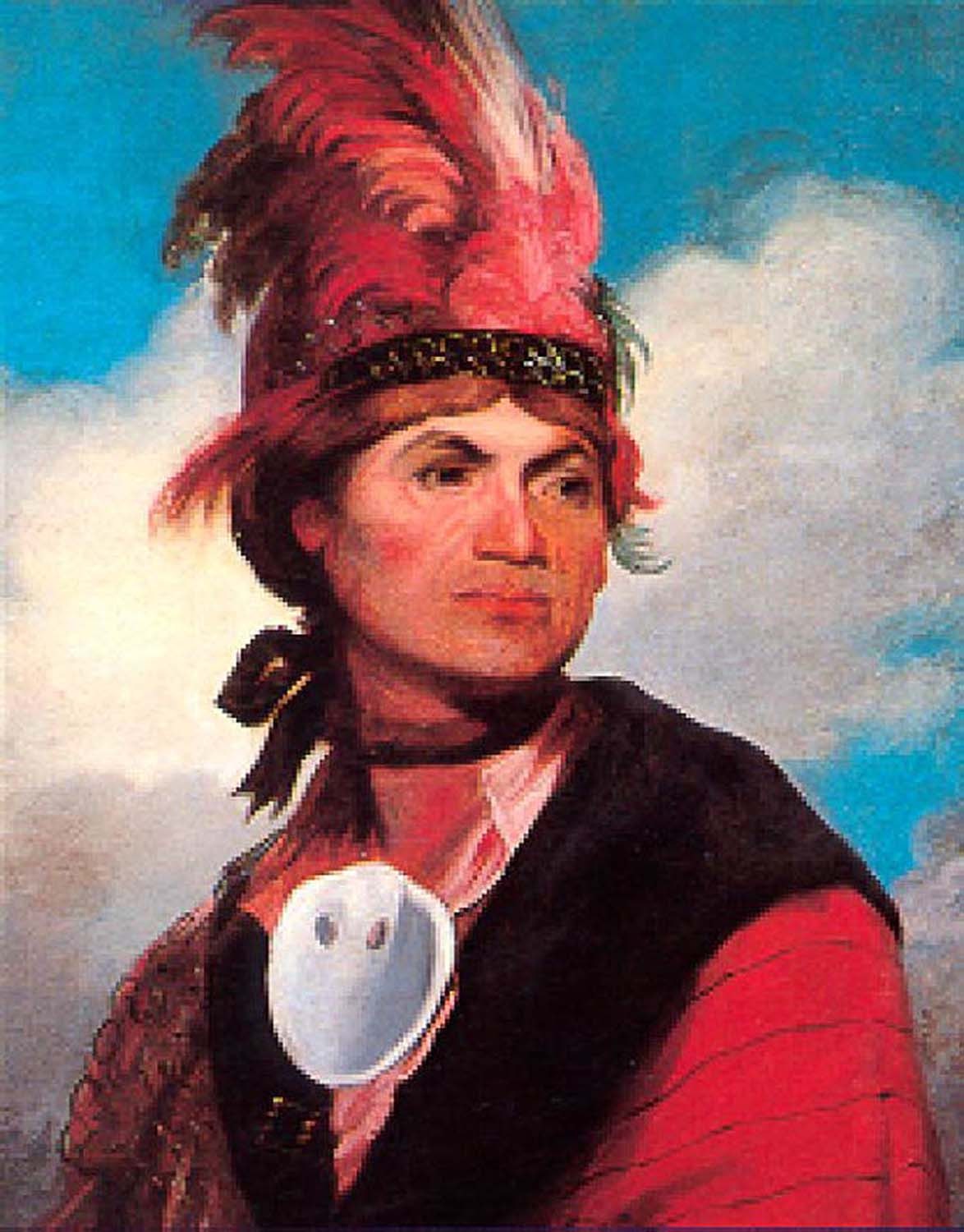 Portrait of Joseph Brant in a red-plumed headdress and a red blanket, with a silver gorget