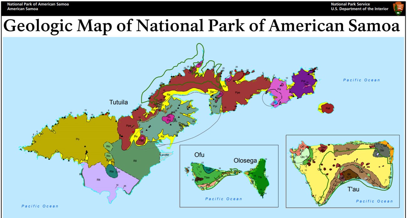 Geologic map of the National Park of American Samoa showing Tutuila, Ofu, Olosega and Taʻū colored by rock unit.