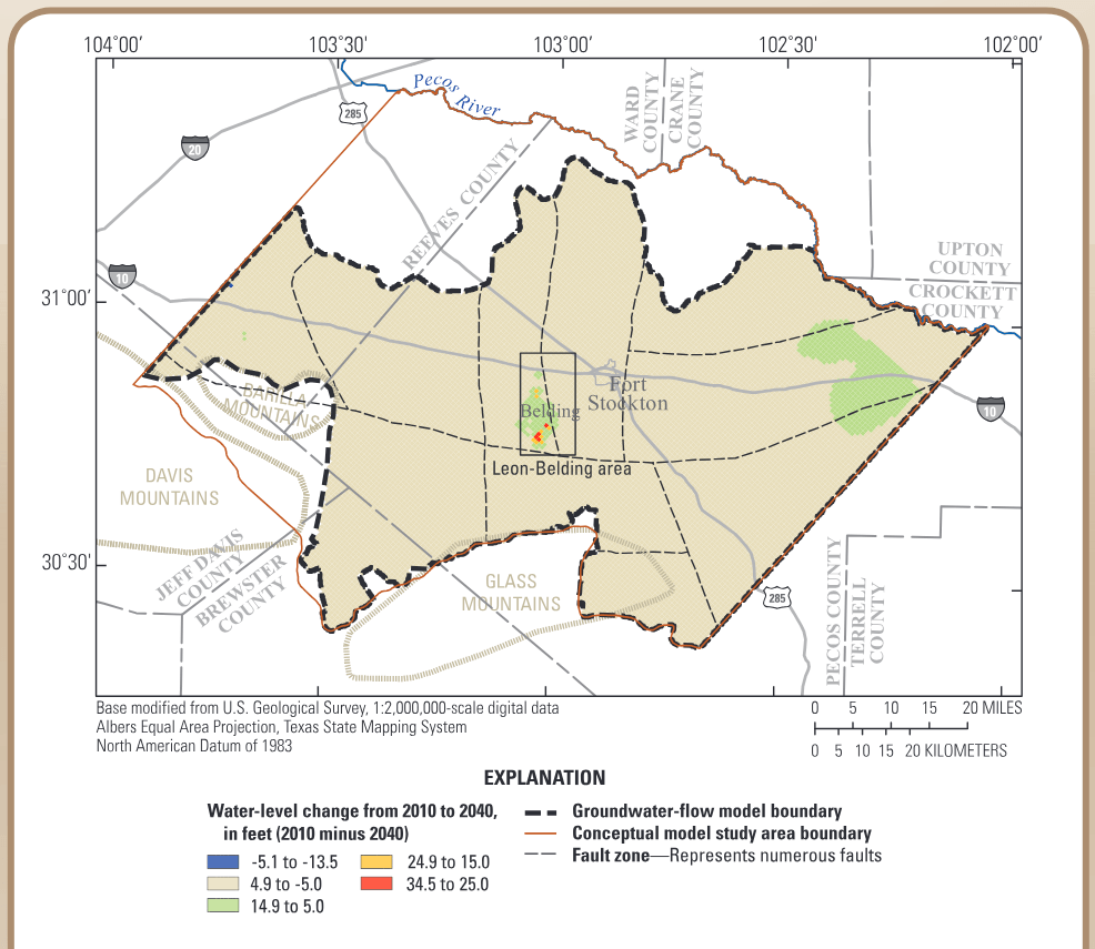 Groundwater-level difference for the Edwards-Trinity aquifer in the model area of the Pecos County region, Texas, from 2010 to 2040 for groundwater-pumping scenario 3 (modified fro