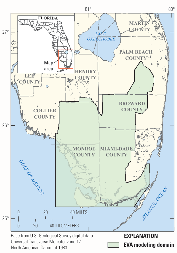 Map of south Florida showing the EVA modeling domain across Collier, Monroe, Miami-Dade and Broward Counties