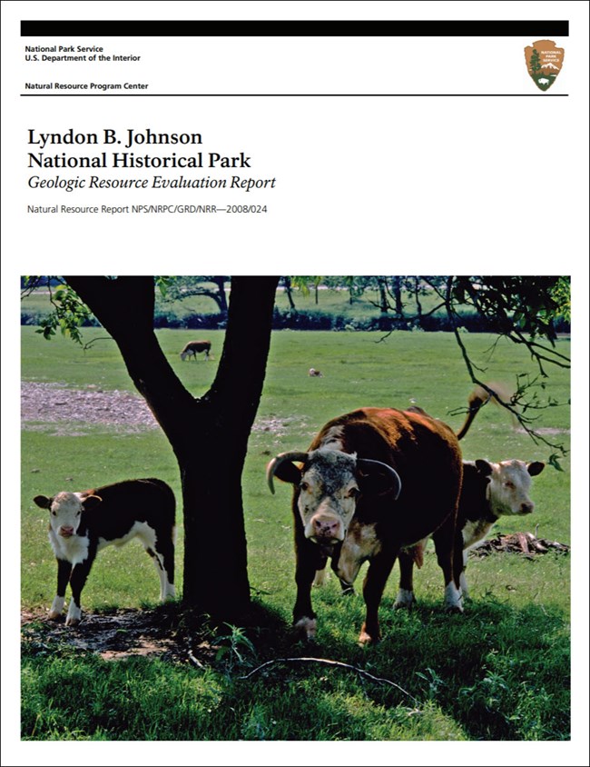 Cover of the park's Geologic Resources Inventory report, with a photo of cattle.